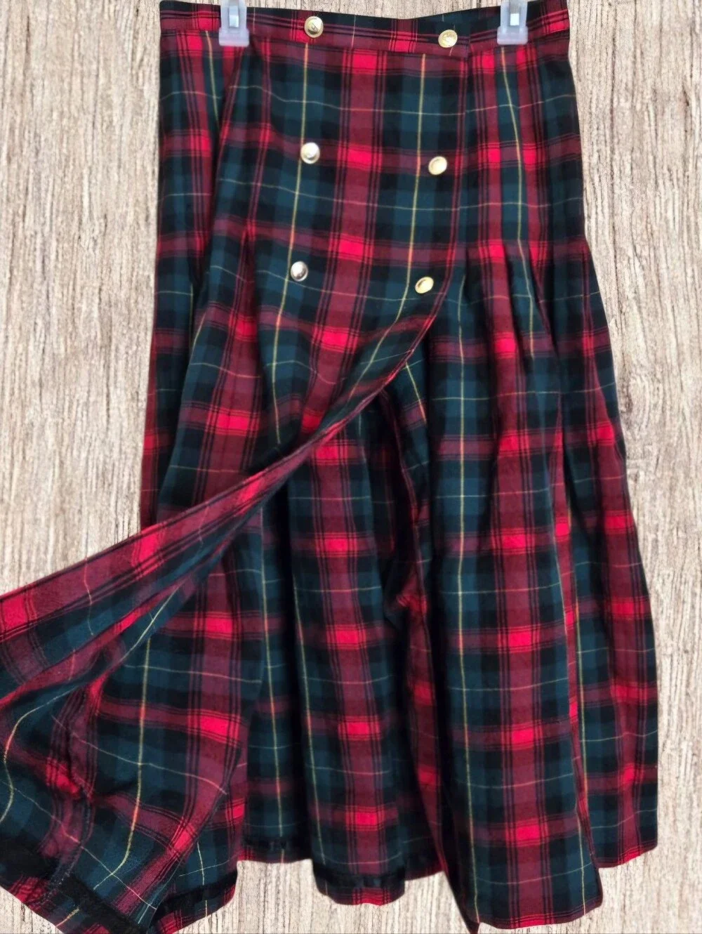 Vtg Preston & York Wool Wrap Skirt Sz 14 Plaid Tartan Gold Button Midi Unlined